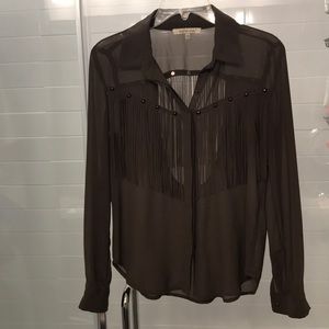 Boutique sheer open back fringe polyester shirt
